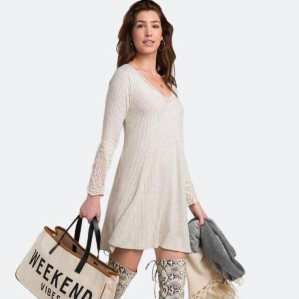 NWT Francesca’s Alya Lace Sleeve Dress in Heather Oat